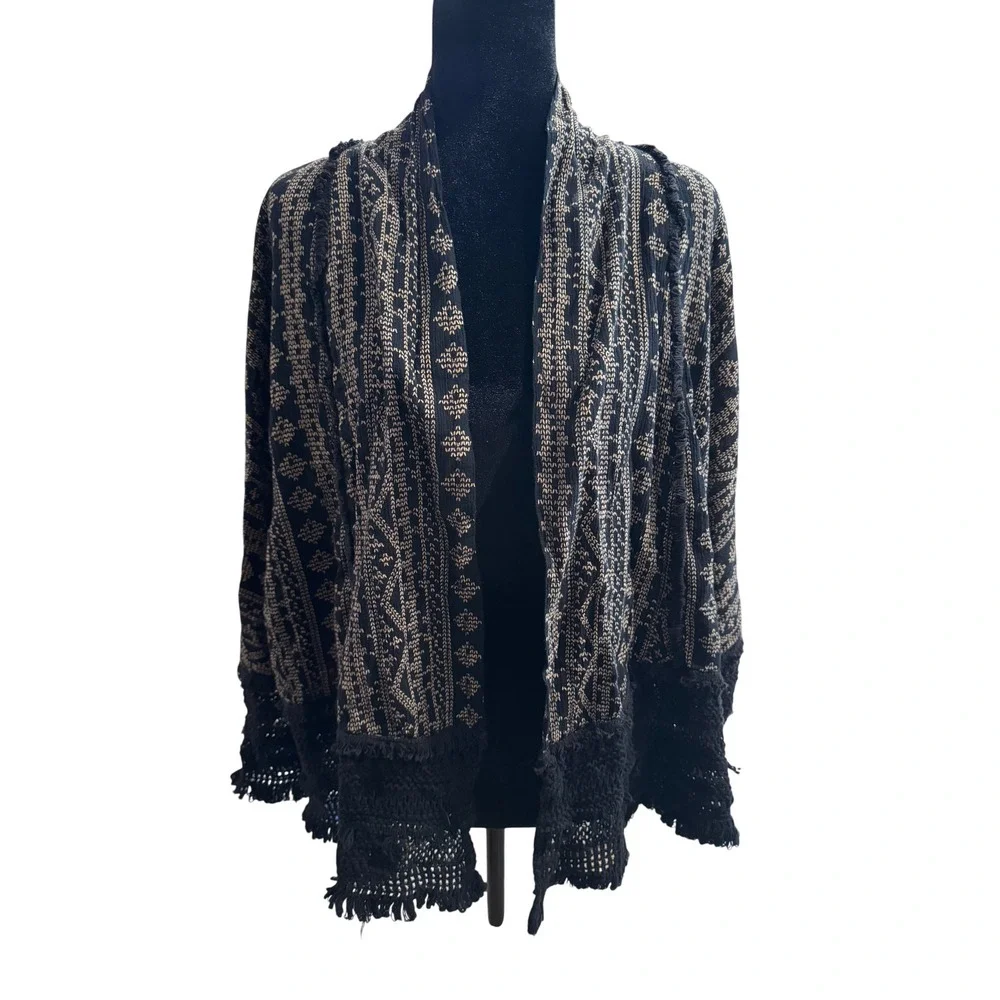 Zara Woman Premium Denim Collection Boho Crochet Fringe Cardigan Black Tan Med